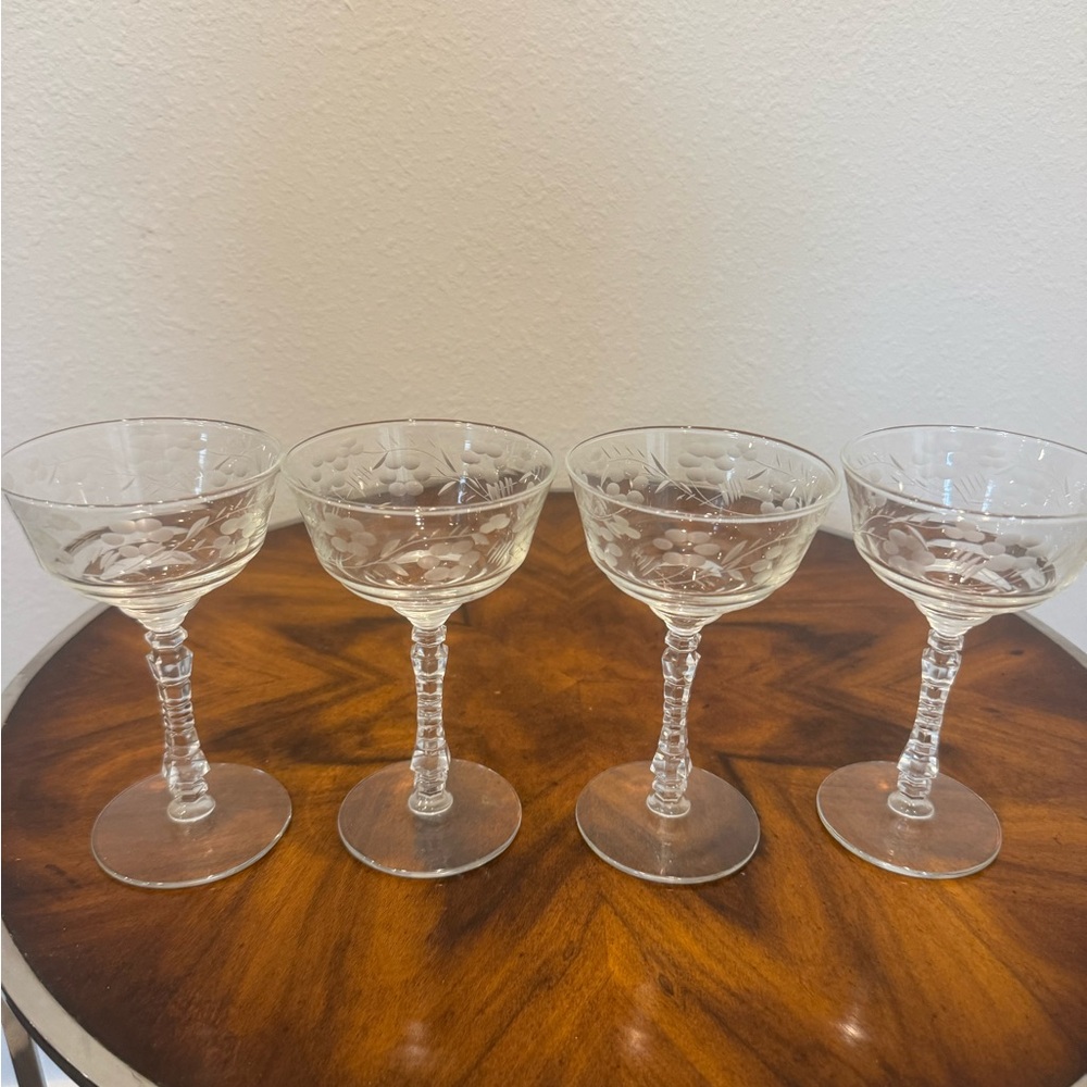 4 Elegant Rock Sharpe Hand Blown Halifax Clear Glass Coupe Set By Libbey 6”